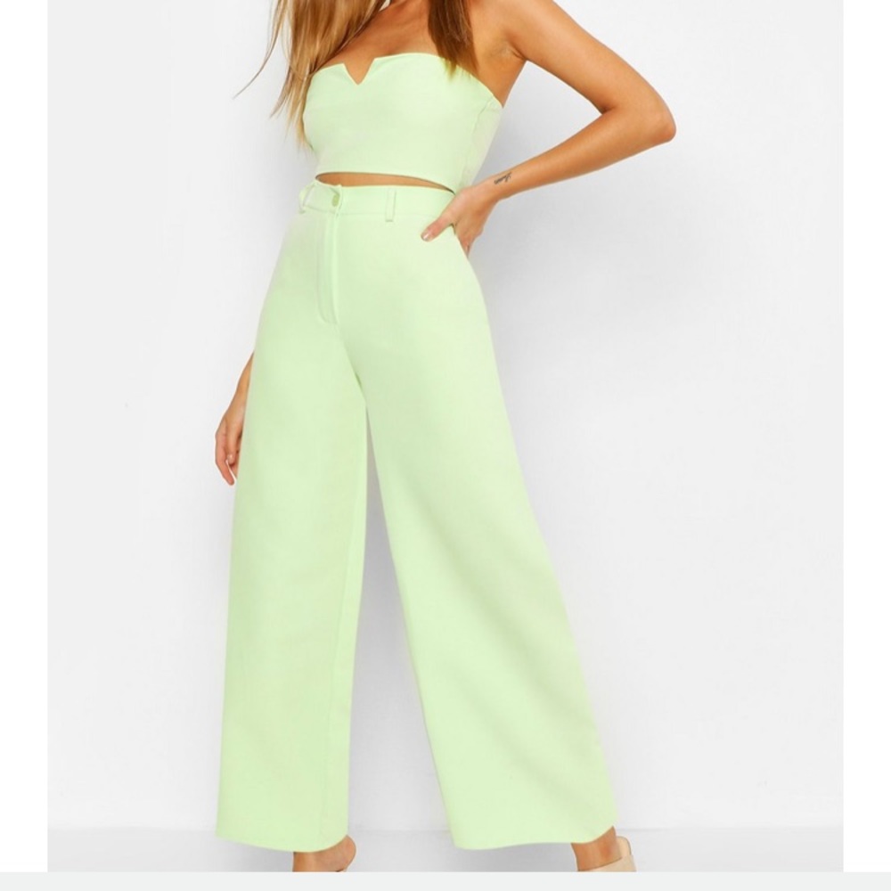Lime green tailored pants and crop top